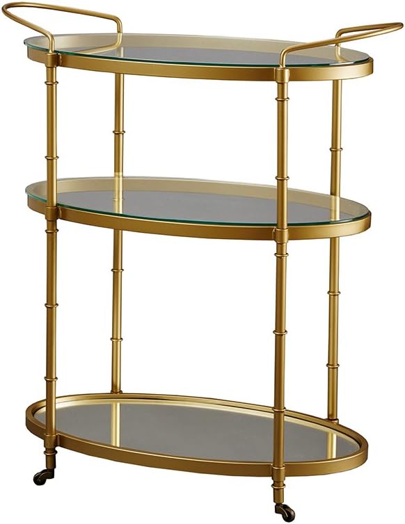 Antique Gold Bar Cart with Glass and Mirror Shelves – Vintage 1930s Inspired Rolling Beverage Serving Cart – 32.25Wx16Dx36H Inches – Low Profile Wheels – Assembly Required