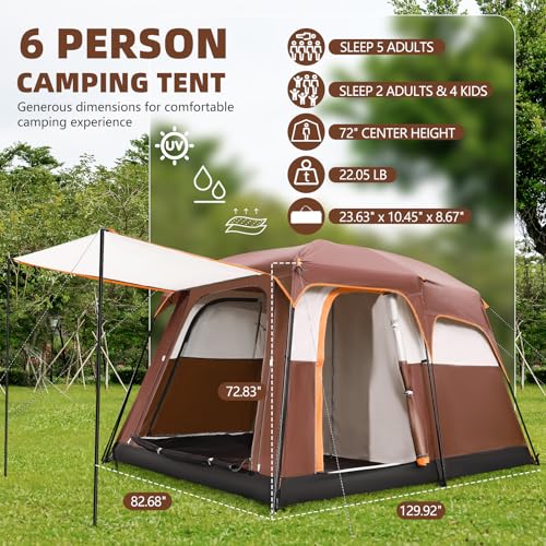 Camping Tent 6 Person Waterproof Windproof Pop-Up Family Tent with Top Rainfly, Mesh Windows, Double Layer, Carry Bag, Tents for Camping, Hiking, Sleepovers