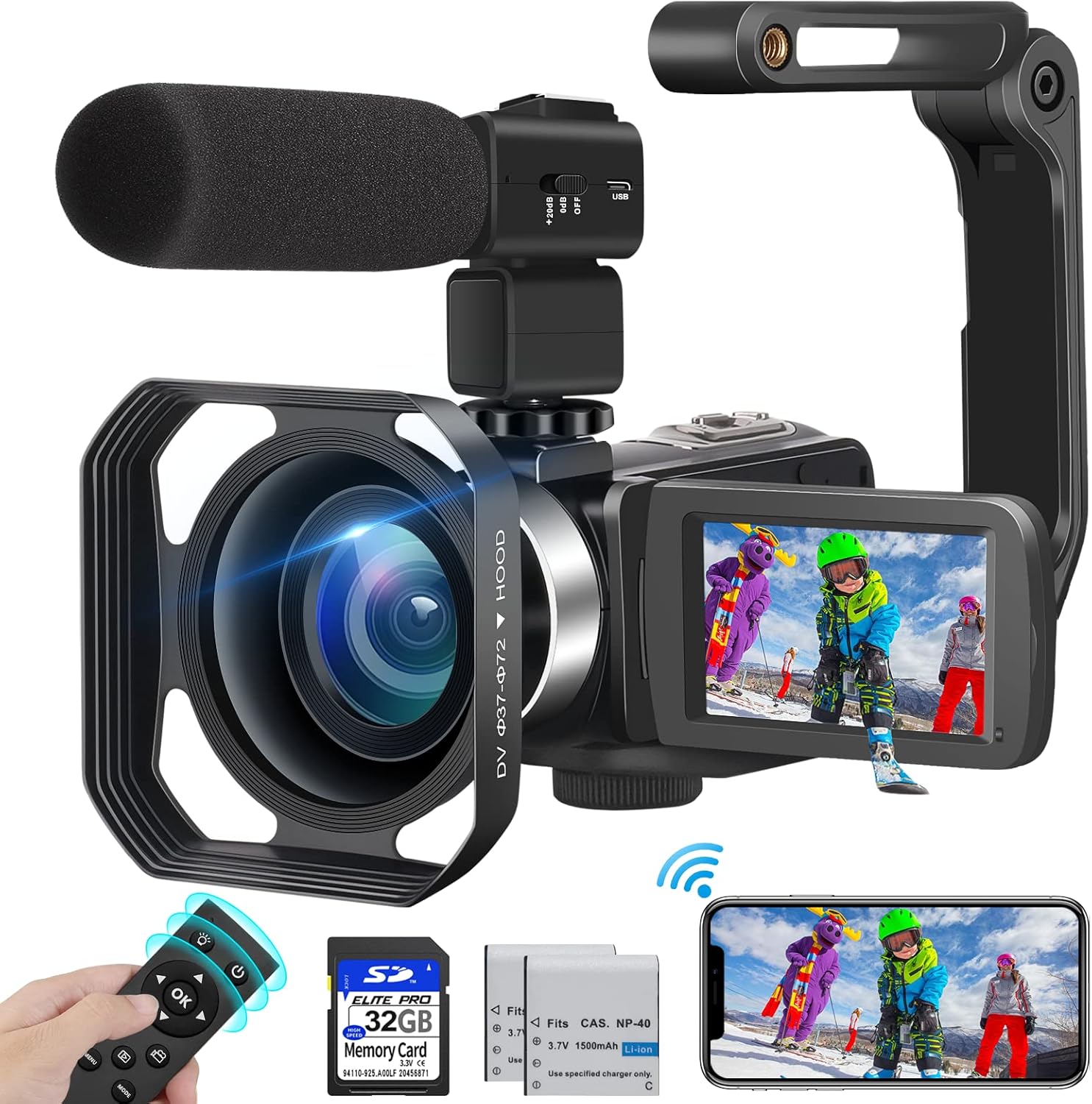 Video Camera 4K Camcorder, 48MP 60FPS WiFi Vlogging Camera 3.0 Inch Touch Screen 18X Zoom Digital Camera YouTube Camera with Microphone, 2.4G Remote Control, Lens Hood, 2 Batteries, 32GB SD Card