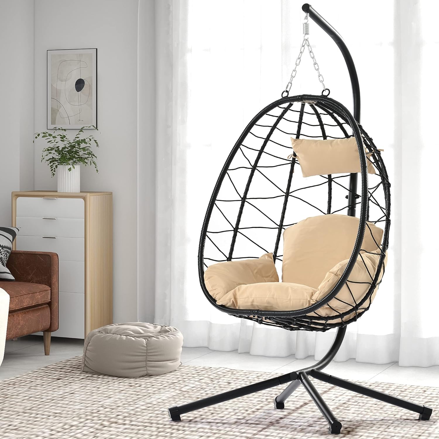 Indoor outdoor egg chair with stand, rattan hanging outdoor hanging chair with cushion, egg shaped hanging basket hammock chair for bedroom, living room and balcony