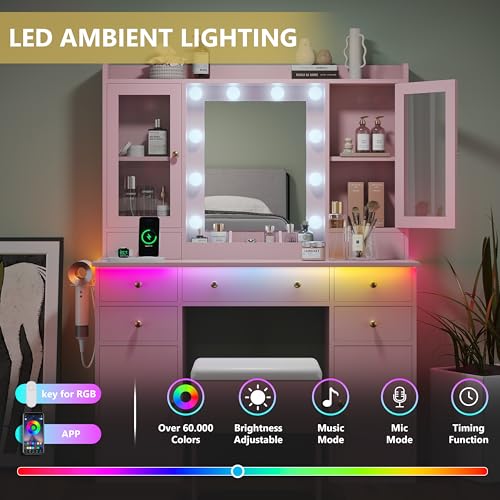 Makeup Vanity Desk with Mirror and Lights, White Vanity Table Set with Storage Drawers, Charging Station, Cabinets & Chair, Large Dressing Table with RGB Ambient Light for Women Girls Bedroom Bathroom