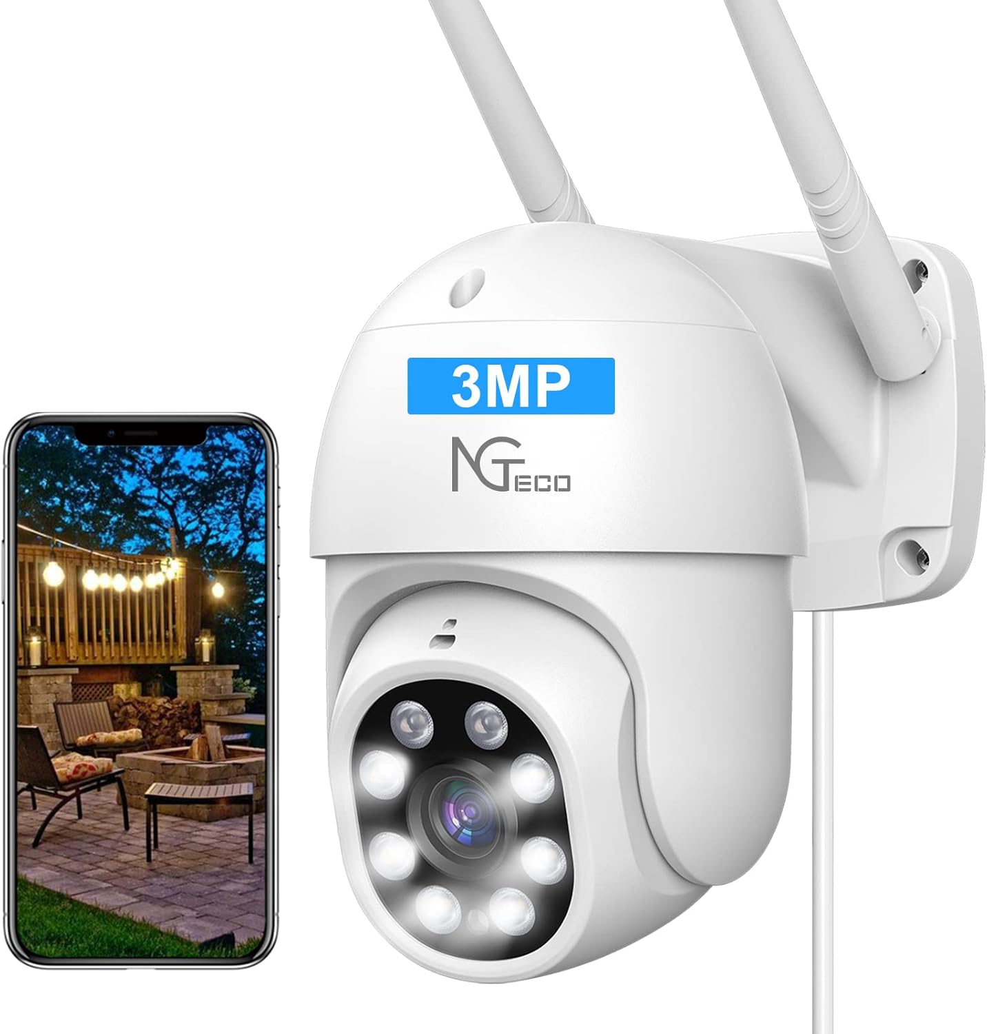 3MP Security Camera Outdoor, NGTeco Pan Tilt 2K Surveillance WiFi Camera with Spotlight Night Vision, 2-Way Audio, AI Motion Detection, 30 Days Free Cloud Storage Compatible with Alexa/Google Home