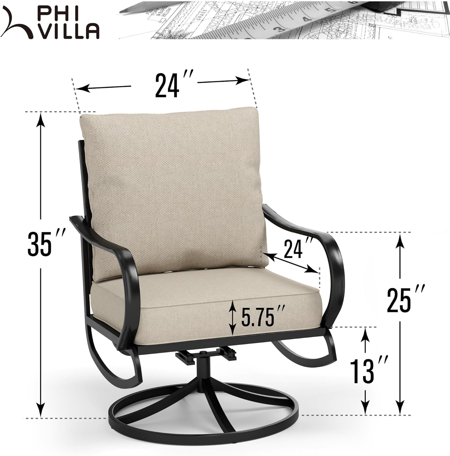 PHI VILLA Patio Furniture Chair Set for 2, Deluxe Outdoor Conversation Set with 2 Swivel Padded Sofa Chair, Full Metal with 5.8