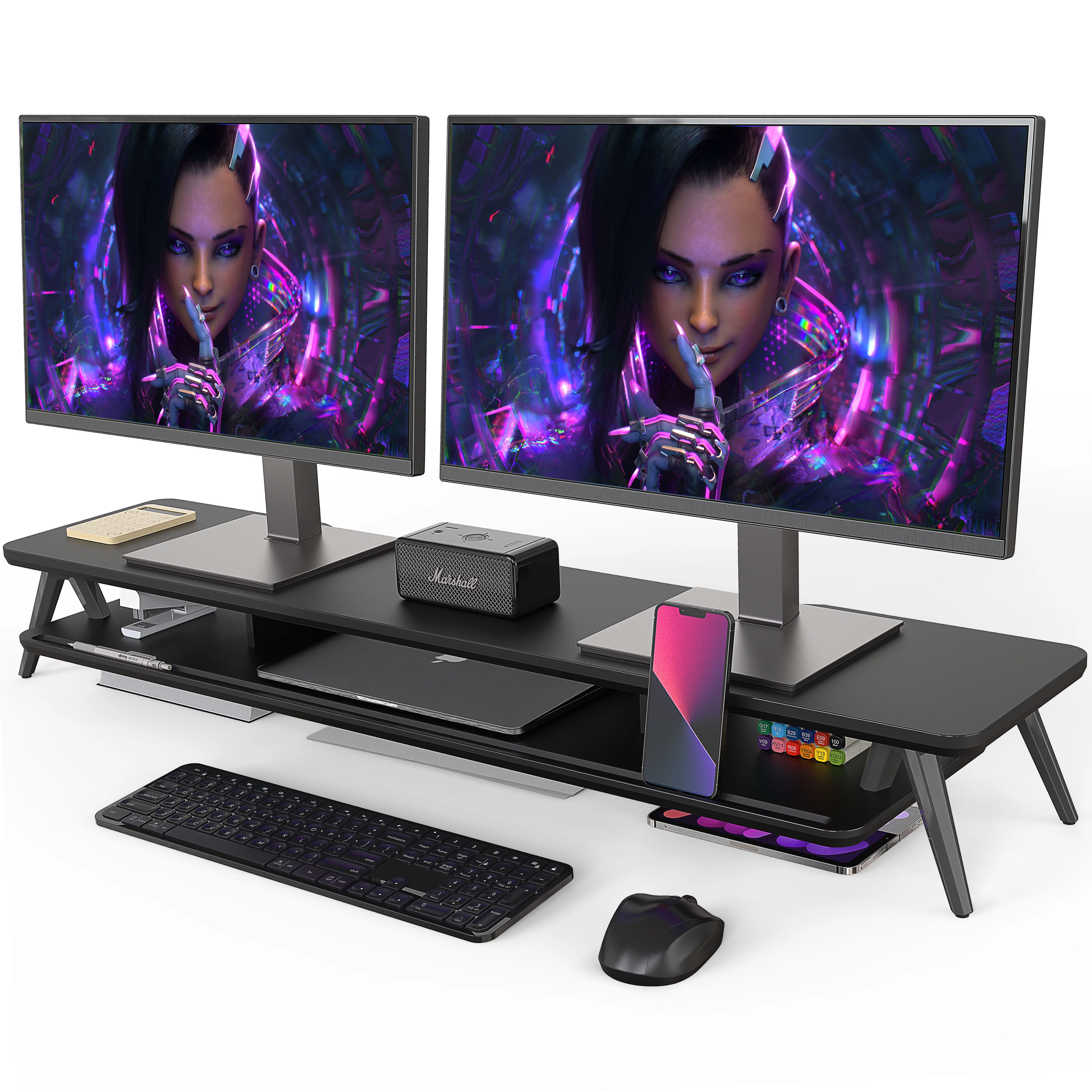 Fenge Dual Monitor Stand Riser for 2 Monitors, 42.5 Inch Desk Shelf with Storage Organizer - Radiant Selections
