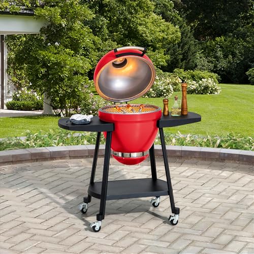 Sunjoy Charcoal Grill 20-Inch Kamado Grill with Pizza Stone, Ultimate Outdoor BBQ Egg Grill and Smoker with Wheels, Navy