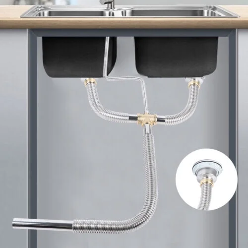Flexible Pipe Sink Double Bowl Drain Hose Tube Kitchen Bathroom Silver Anti-odor