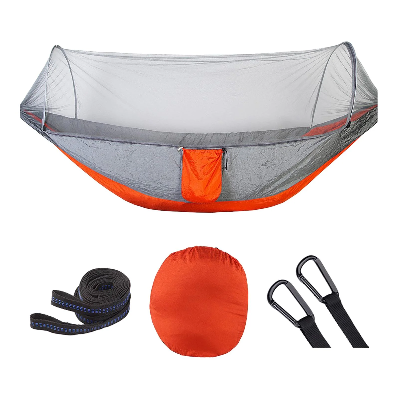 Camping Hammock with Net, Hammock Swing Carrying Bag Breathable with Straps Carabiners Hammock Tent Hanging Bed for Beach, Hiking, Picnic Orange Gray