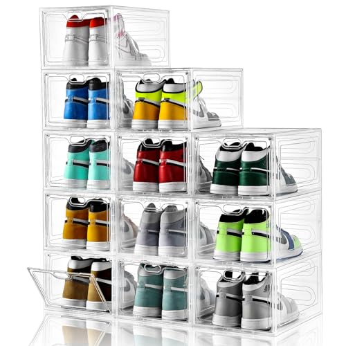 6 Pack Shoe Storage Box Clear Plastic Stackable, Shoe Box with Magnetic Door, Shoe Organizer and Shoe Containers for Sneaker Storage, Fit up to US Size 12(13.4