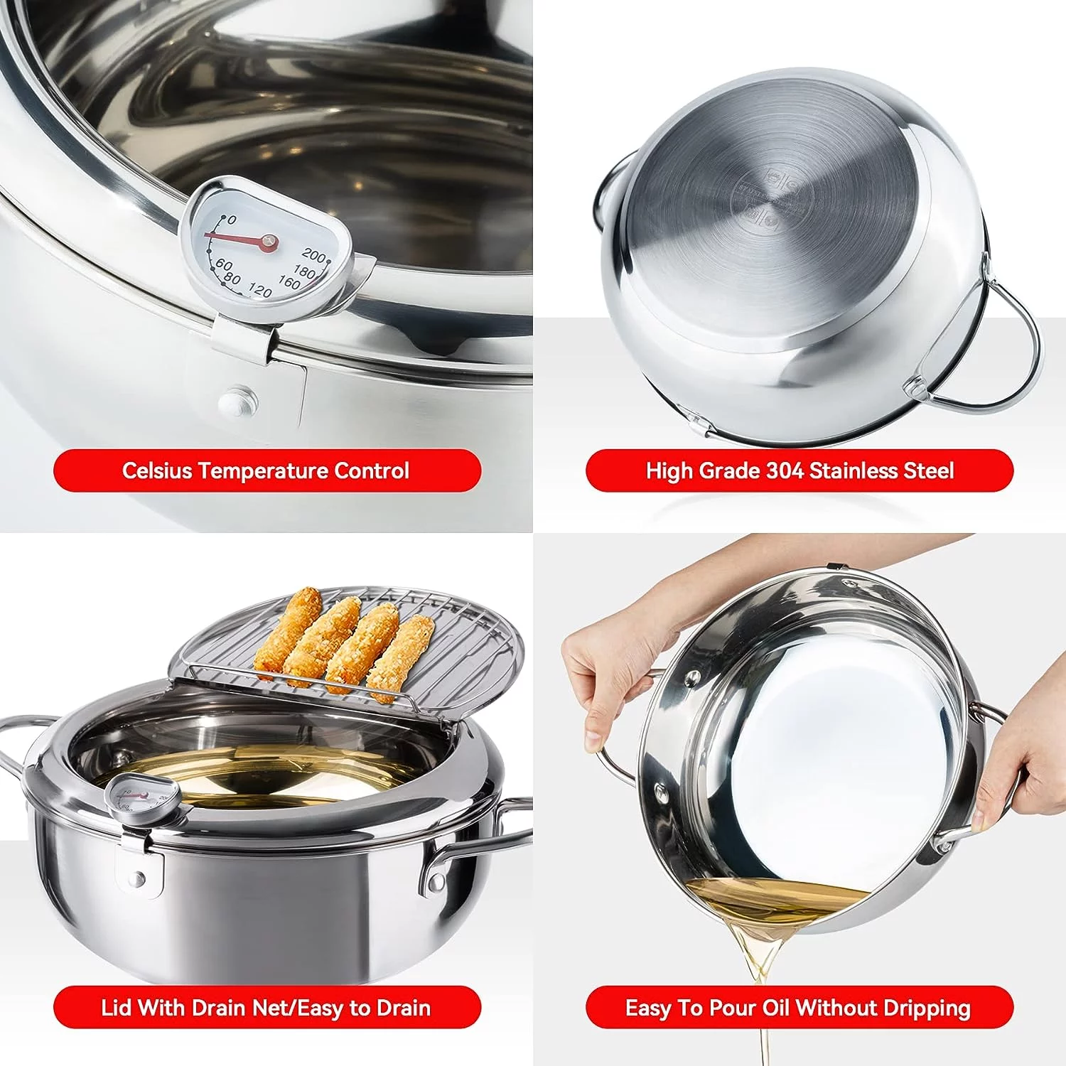 Deep Fryer Pot, 11 Inch/4.2 L Janpanese Style Tempura Frying Pot with Lid, 304 Stainless Steel with Temperature Control and Oil Drip Drainer Rack, for Kitchen French Fries, Chicken etc
