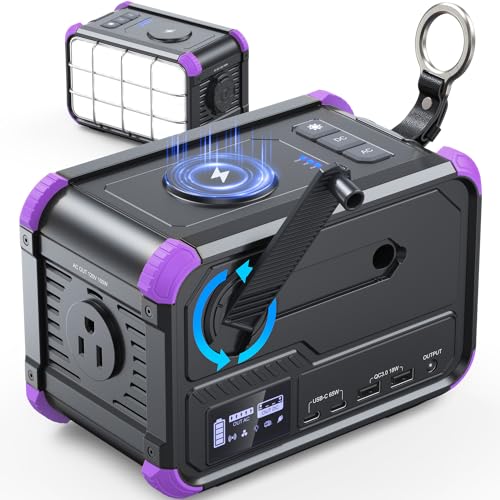 BROWEY Portable Power Station 153Wh Camping Small Solar Generator with Hand Crank 120V 150W AC Outlet Lithium Battery Power Bank, Wireless Charging Emergency Charger for Outdoor Travel Home Backup