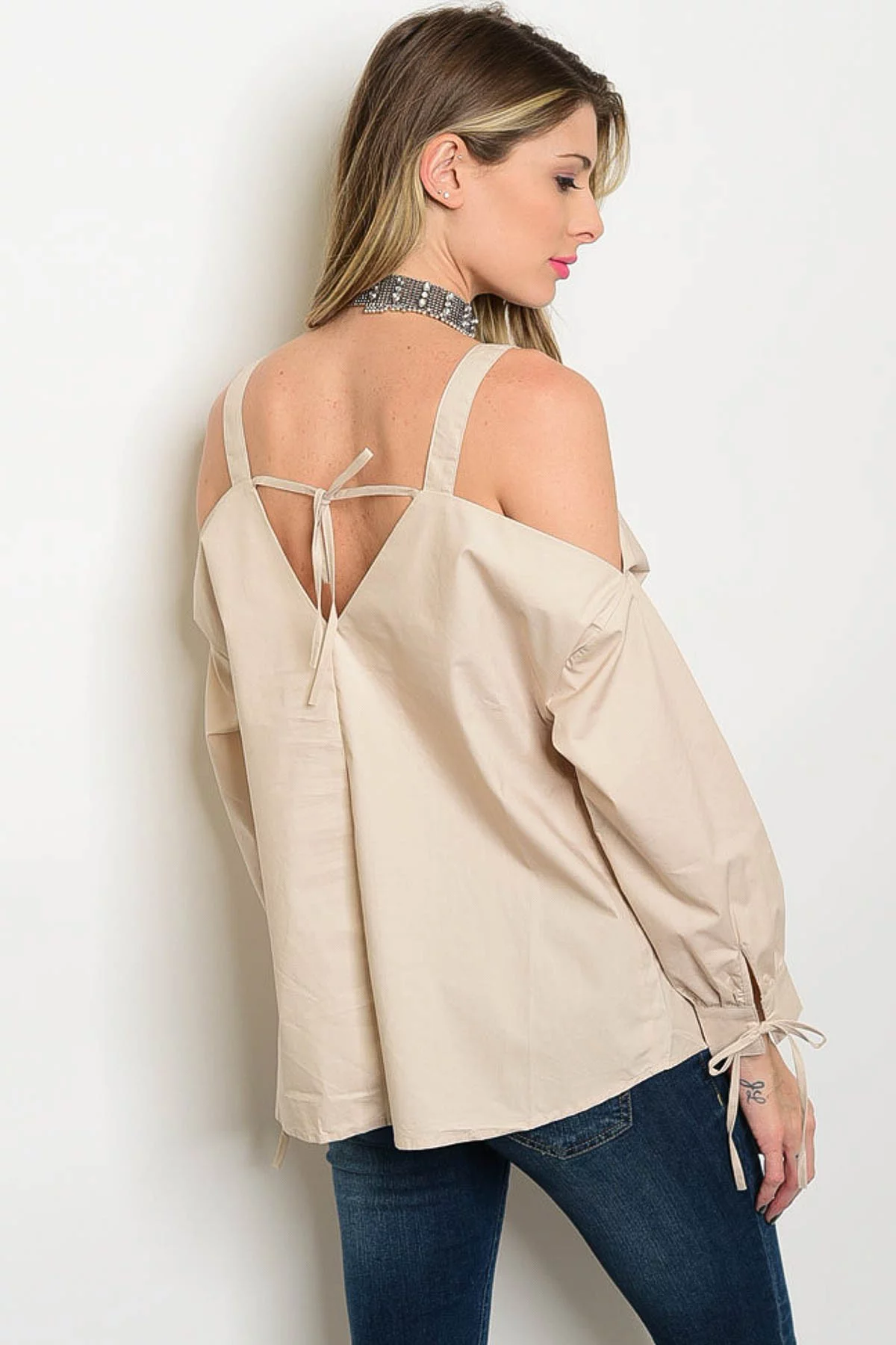 Loveriche Cold Shoulder Taupe Poplin Top Large