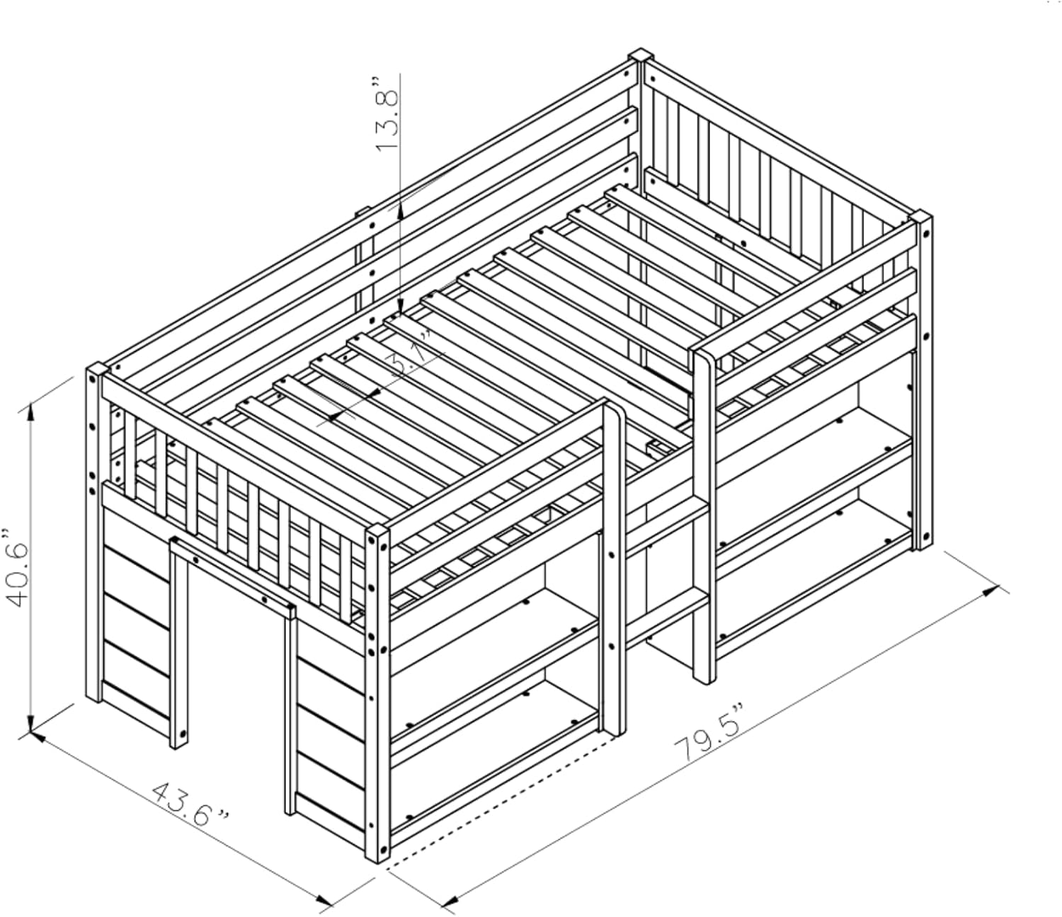LED Twin Size Low Loft Bed for Kids,Twin Loft Bed with Storage Shelves,Kids Low Loft Bed Frame with LED Light,Space Saving, Grey