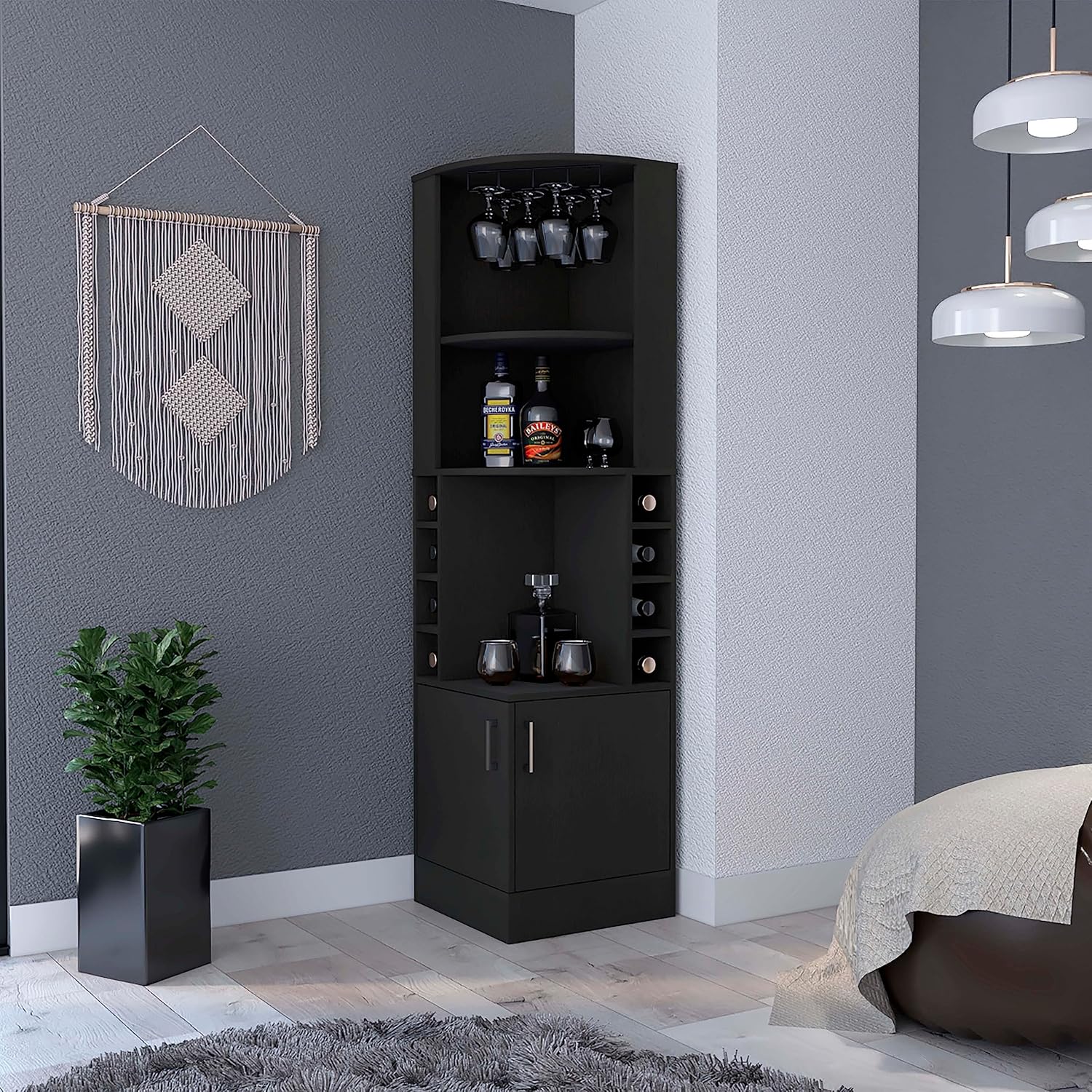 71 Inch Tall Corner Bar Unit Wine Cabinet with Storage for Home Bar, Living Room, Kitchen, Black Wengue Finish