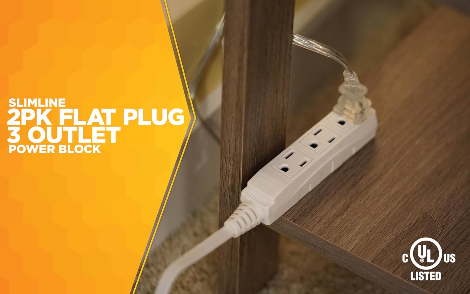 Woods Slimline 2232 Angled Flat Plug Extension Cord, Space Saving Flat Design, 3 Grounded Outlets, 13-Foot, 13 Amps, 1625 Watts, 125 Volts, UL Listed, White Color