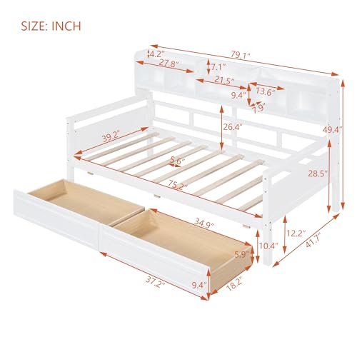 WADRI Multi-Functional Twin Size Daybed with Bedside Shelf and 2 Storage Drawers, Wood Daybed Sofa Bed Frame with Sturdy Slat Support for Office Living Room Bedroom, Easy Assembly (Gray-ss1)