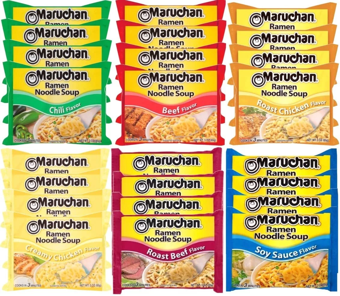 Maruchan Ramen Instant Noodle Soup Variety Mix 24 Packs, 6 Flavors - 4 Roast Beef, 4 Oriental, 4 Roast Chicken, 4 Beef, 4 Creamy Chicken, 4 Chili Lunch / Dinner Variety