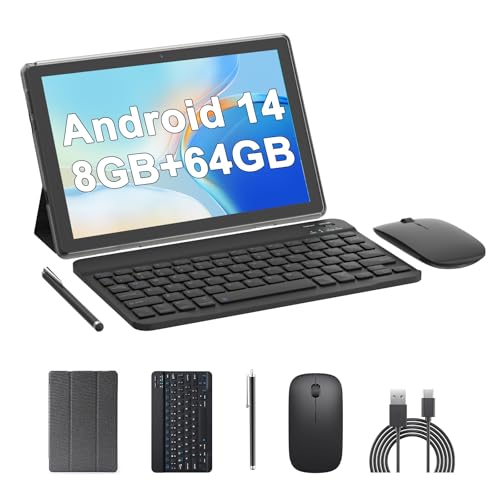 Tablet 10 Inch Android Tablet, 2 in 1 Tablets, Include Keyboard Mouse Case Stylus, 64GB ROM+8GB RAM 1TB expandable 2MP+8MP Dual cameras, 5G WIFI-6 Bluetooth 6000mAh Battery 10.1