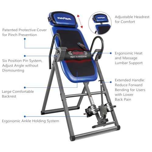 INNOVA HEALTH AND FITNESS ITM4800 Advanced Heat and Massage Inversion Table,Black/ Blue / Gray