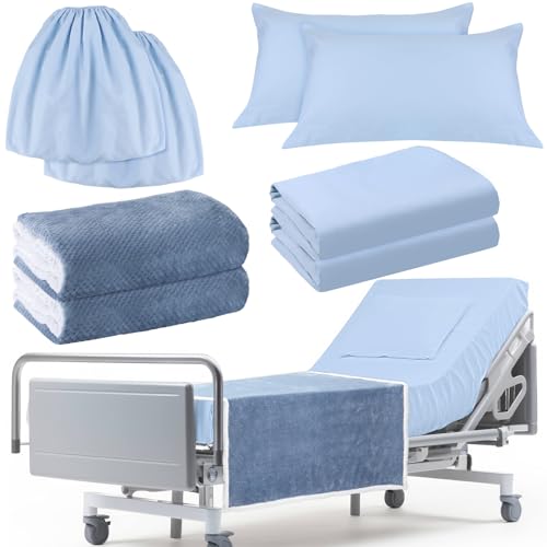 4 Pcs Hospital Bed Sheets Set, Soft Knitted Standard Sheets Quality, Include Fitted Sheet, Quilt Cover, Pillow Case and Blanket (Blue)