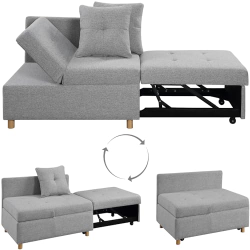 Pull Out Sleeper Sofa Bed Chair 4-in-1 Convertible Chair Bed, Linen Fabric loveseat Sofa with 2 Throw Pillow, Single Recliner for Small Space with 5 Adjustable Backrest, (Light Gray)