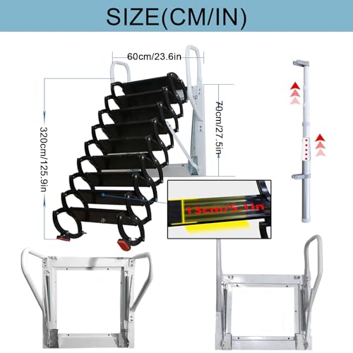 Wall-Mounted Folding Stairs, Folding Loft Staircase with Handrails,Telescoping Attic Ladder with Pull Down System, 12 Steps Attic Stairs, Home Indoor Outdoor Attic (Black)