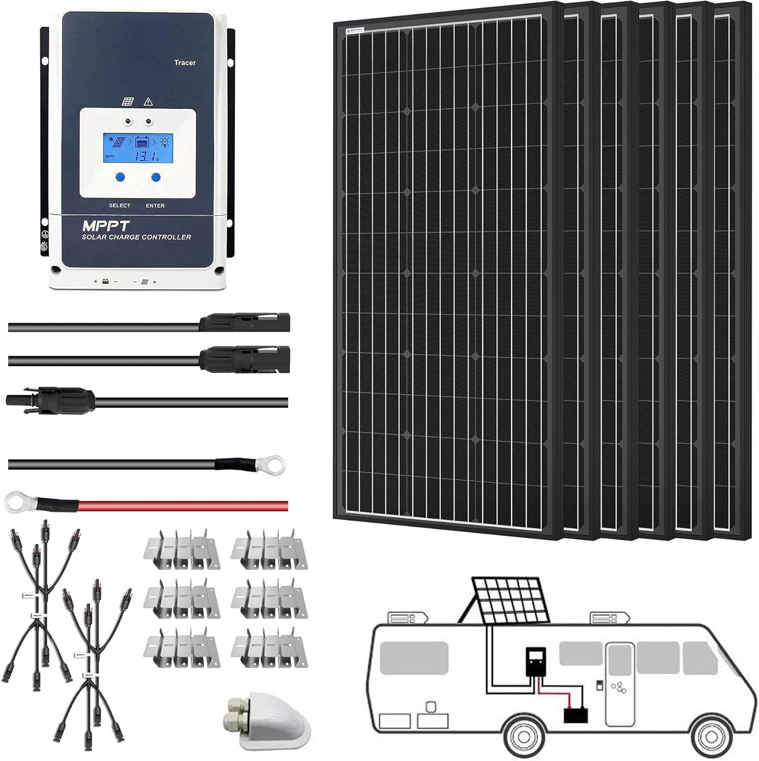 ACOPOWER 600 Watt Solar Panel Off-grid System High Efficiency Monocrystalline 6*100W Solar Panels Kit with 50A MPPT LCD Charge Controller/Mounting Brackets/Y Connectors/Solar Cable/Cable Entry housing