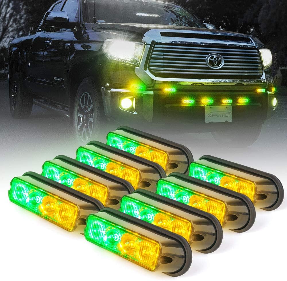 Xprite Amber Yellow & Green 4 LED 4 Watt Emergency Vehicle Waterproof Surface Mount Deck Dash Grille Strobe Light Warning Police Light Head with Clear Lens - 8 Pack Pack of 2