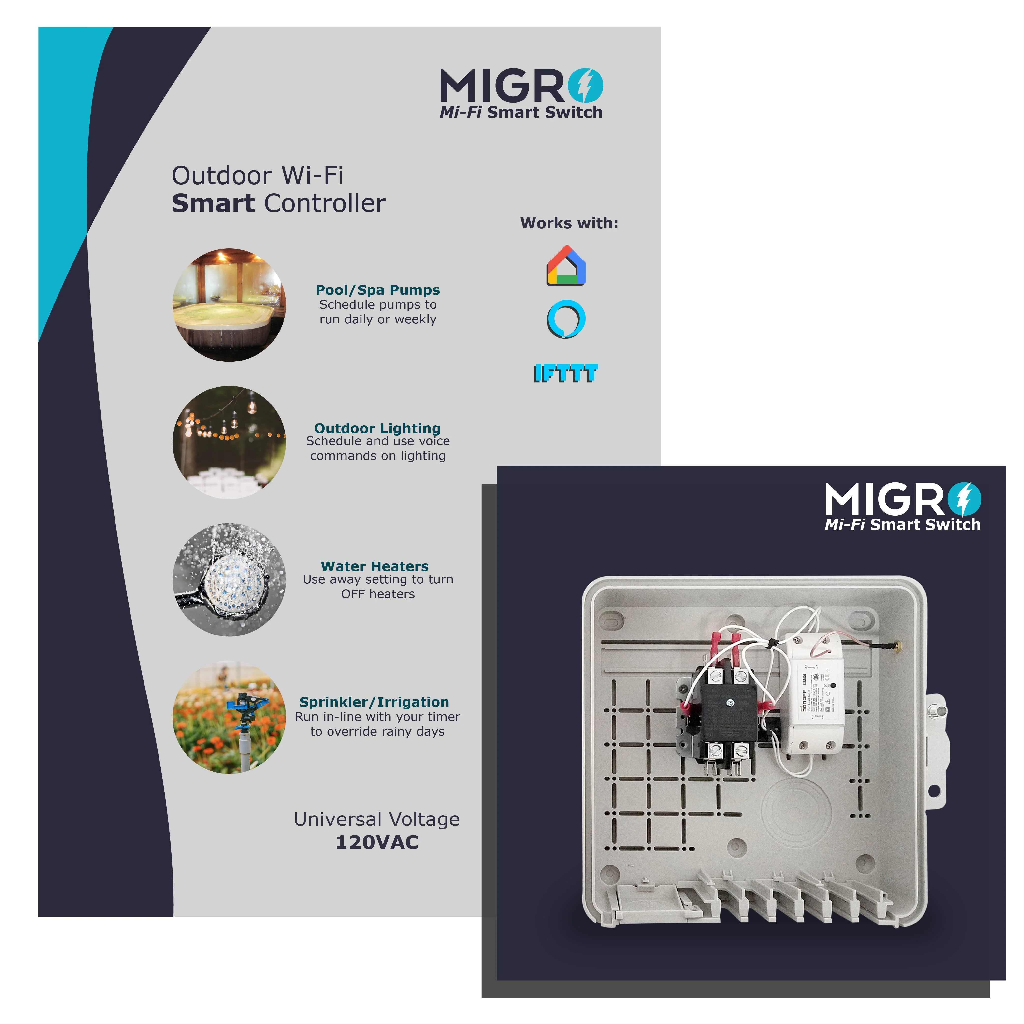 MIGRO Outdoor Smart Wi-Fi Outlet Box, Heavy Duty 50A Resistive 120VAC 40A 5HP Wireless Pump Control Timer Switch, Compatible with Smart Phone, Alexa, Google Home, IFTTT UL Listed