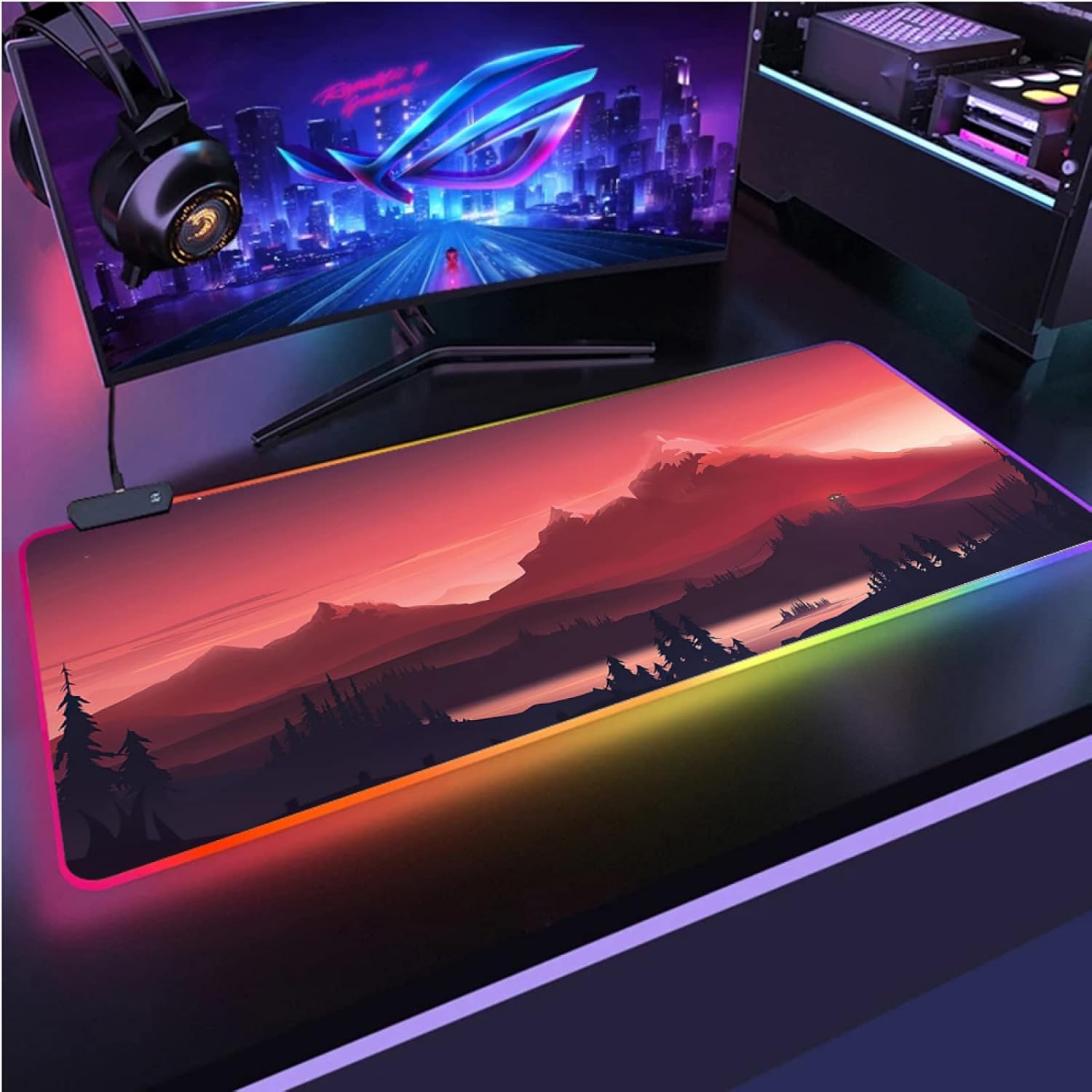Gaming Mouse Pads Pink Mountain Forest Landscape Gaming RGB Mouse Pad Kawaii Large Computer LED Gamer Carpet Keyboard Desk Mat Pc with Backlight,500X1200MM
