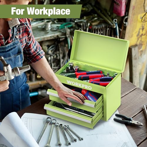WORKPRO Mini Metal Tool Box with 2 Drawers and Top Storage, Small Tool Chest with PVC Liners and PP Feet Pads, Cold Rolled Steel Toolbox with Magnetic Tab