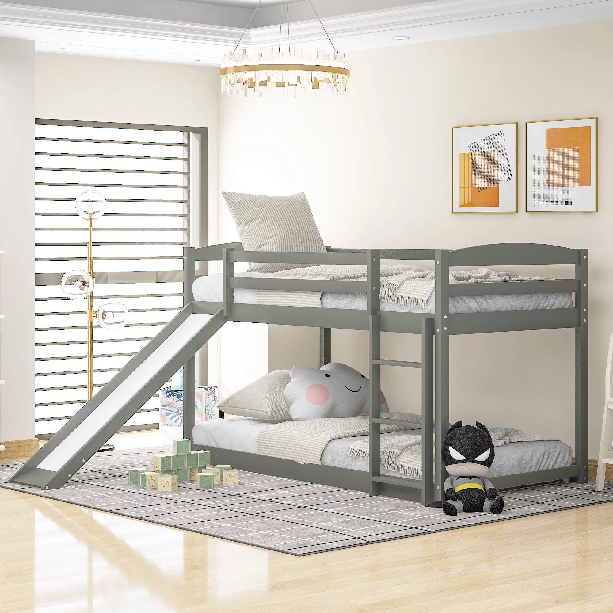 uhomepro Low Bunk Bed for Kids Bedroom, Twin Over Twin Bunk Bed Frame with Safety Rail, Slide and Ladder, Heavy Duty Wood Twin Bunk Beds for Boys Girls, Space-Saving Bedroom Furniture, Gray