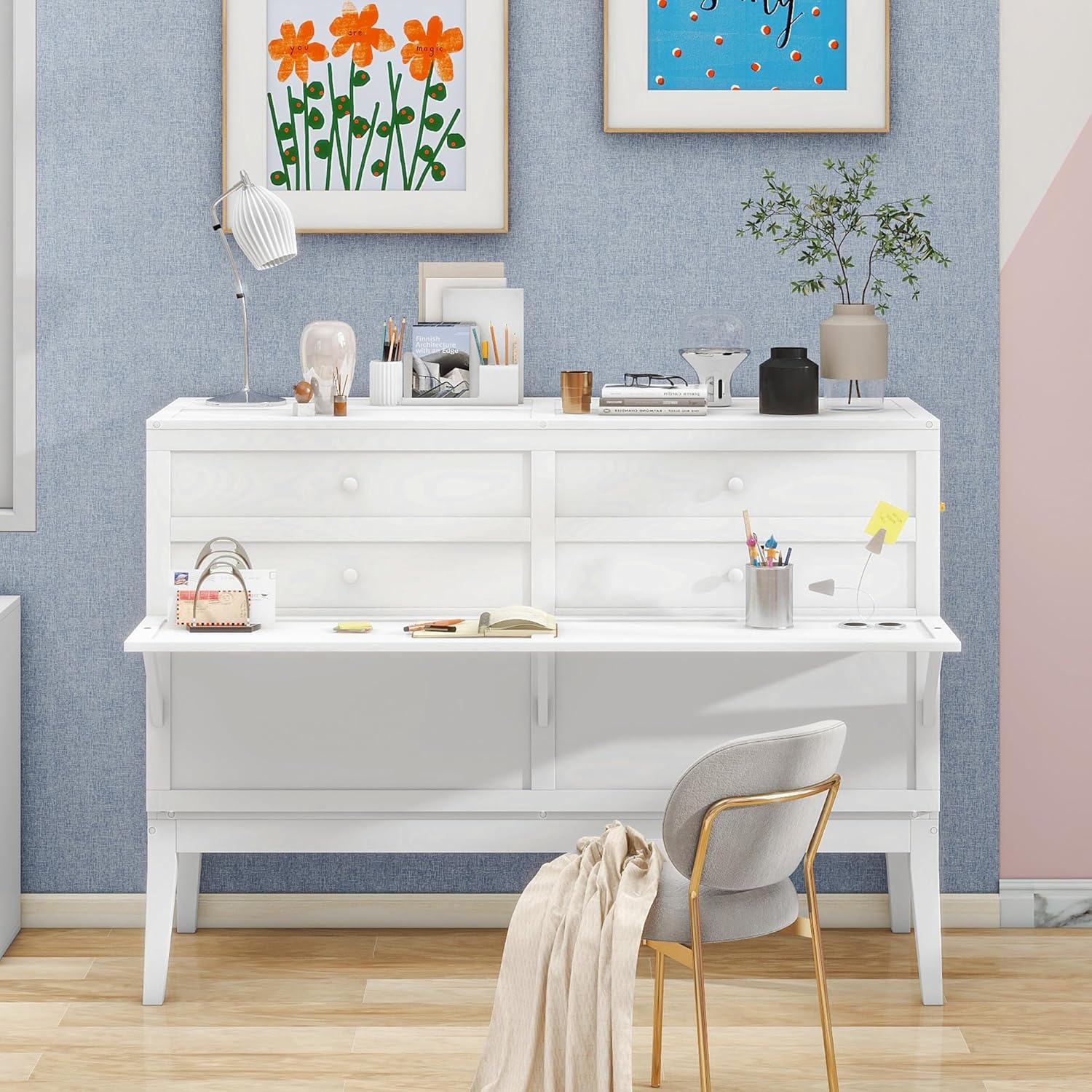 Queen Murphy Bed Chest with Charging Station, Wood Murphy Cube Cabinet Bed with a Shelf/Desk for Guest Room or Home Office, White