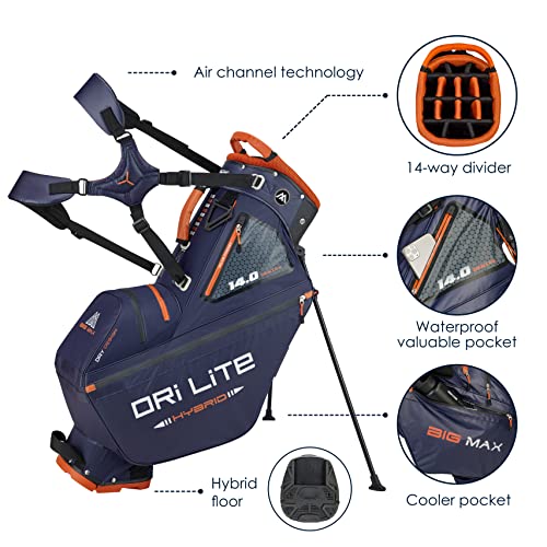 Big Max Dri Lite Hybrid Tour Stand Bag - Water-Repellent, Ultra-Lightweight & Push Cart-Compatible Golf Bag with 14-Way Divider Top with Ample Storage for Golf Accessories