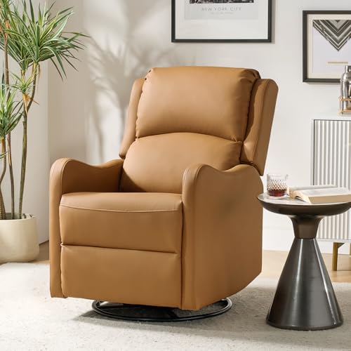 HULALA HOME Swivel Rocker Recliner Chairs Set of 2, Comfy Faux Leather Manual Recliners with Padded Seat Backrest,360° Swivel Glider Recliners for Living Room Bedroom Nursery, Camel
