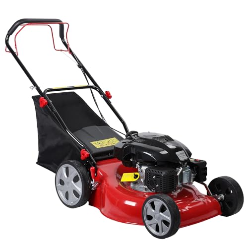 20-Inch Gas Push Lawn Mower | 141CC 4-Cycle Engine | Self Propelled Lawn Mower | Side Discharge | High Rear Wheels | 7-Position Single Wheel Height Adjustment (Red)
