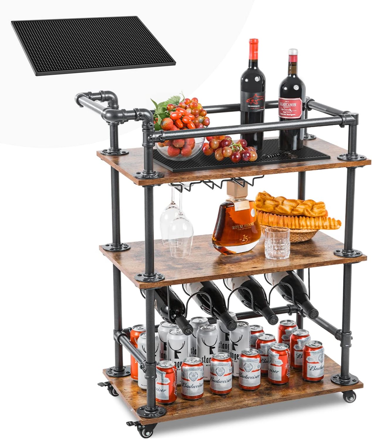 AA Products Inc. Industrial Bar Cart for Home, 3-Tier Bar Serving Cart with Wheels, Lockable Casters, Beverage Cart with Wine Rack and Glass Holder