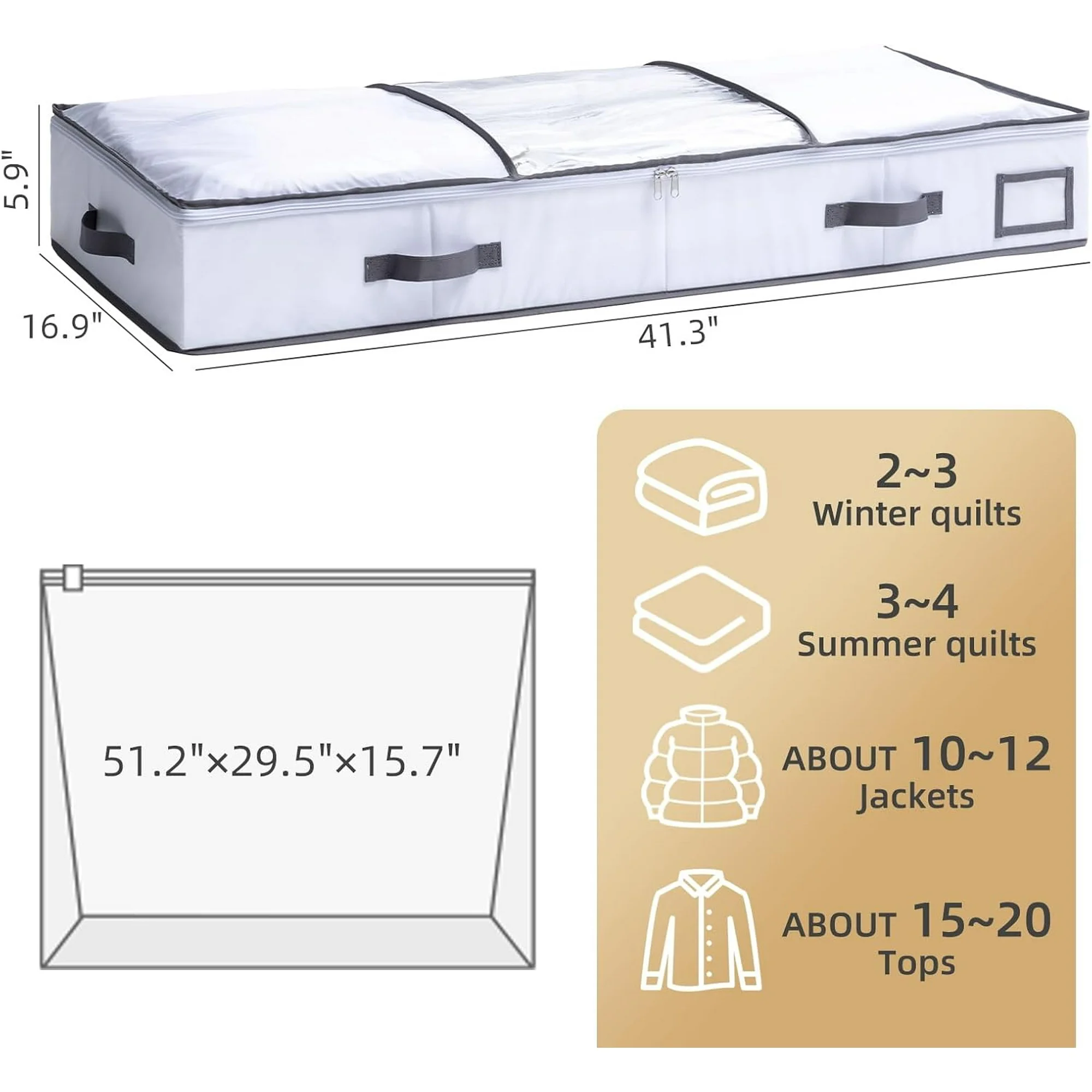 Under Bed Jumbo Vacuum Seal Storage Bags for Comforters and Blankets, Large Capacity White Foldable Box Save 80% Space, 41 x 17.7 x 6