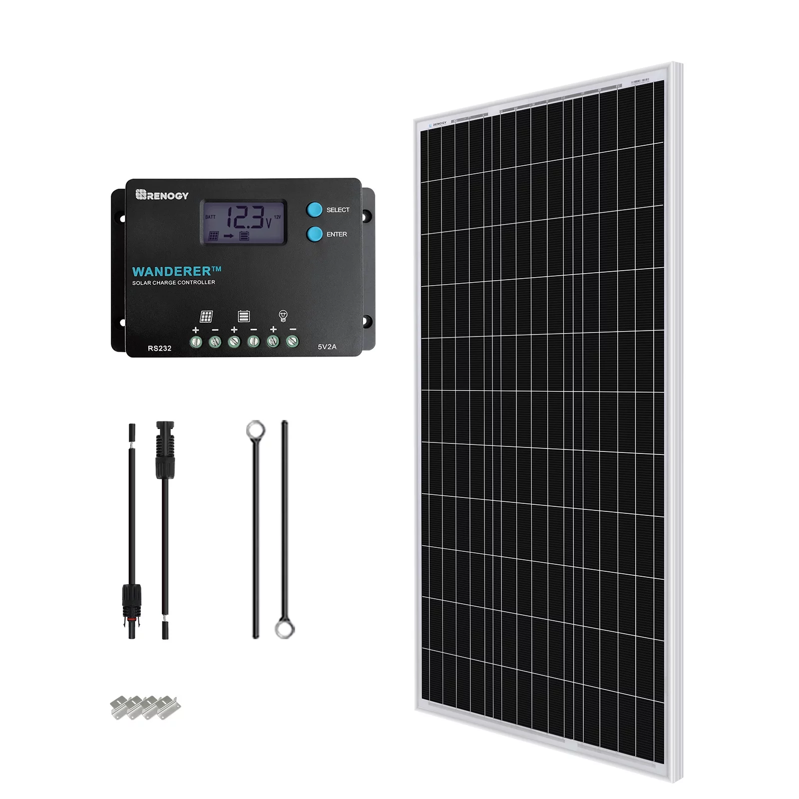 Renogy 100W 12V Monocrystalline Solar Starter Kit W/Wanderer 10A Charger Controller