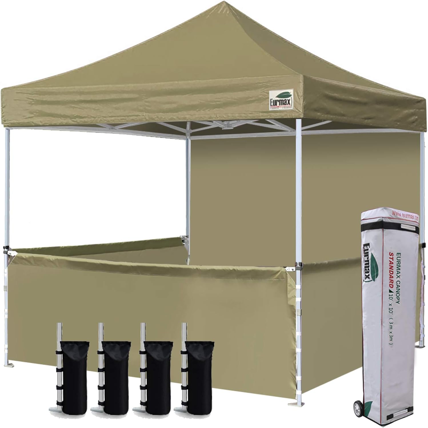 Eurmax USA 10'x10' Ez Pop-up Booth Canopy Tent Commercial Instant Canopies with 1 Full Sidewall & 3 Half Walls and Roller Bag, with 4 SandBags + 3 Cross-Bar (Grey)
