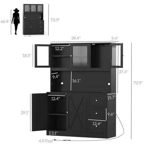 Irontar 70.9'' Kitchen Pantry Cabinet, Kitchen Hutch with Microwave Stand & Charging Station, Farmhouse Tall Storage Cabinet with Countertop, Bar Cabinet with Drawer and Glass Doors, Natural CWG011ME