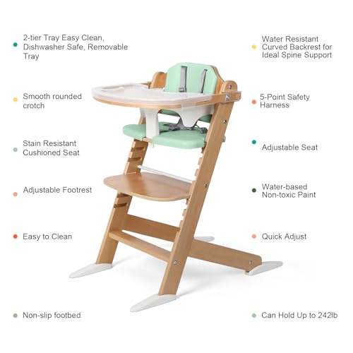 Cowiewie Natural Wooden High Chair for Babies & Toddlers 3-Tier Remove Adjustable Tray and Highchair with Cushions, Easy to Clean, Portable(Green)