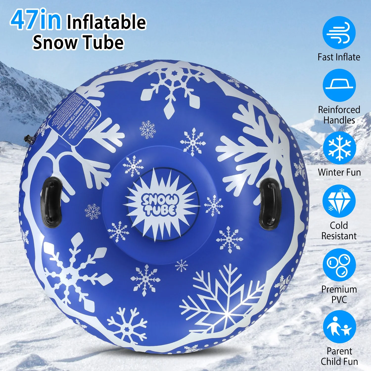 Snow Tube, iMounTEK 47 Inch Cold-Resistant Inflatable Big Snow Sled for Kids and Adults, Thickened Heavy Duty Hard Bottom Sleds Snow with Handles, Blue