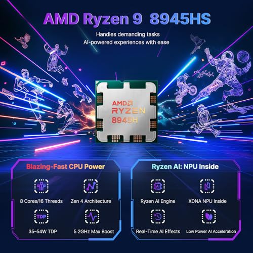 NIMO 17.3 Gaming-Laptop Ryzen 9 8945HS (>i9-13900H) 16GB RAM, 1TB SSD, Radeon 780M, PD 100W USB-C 4.0 AI-Enhanced for Copilot VR Ready, Backlit KB Fingerprint Unlock, Gaming Student Office Business