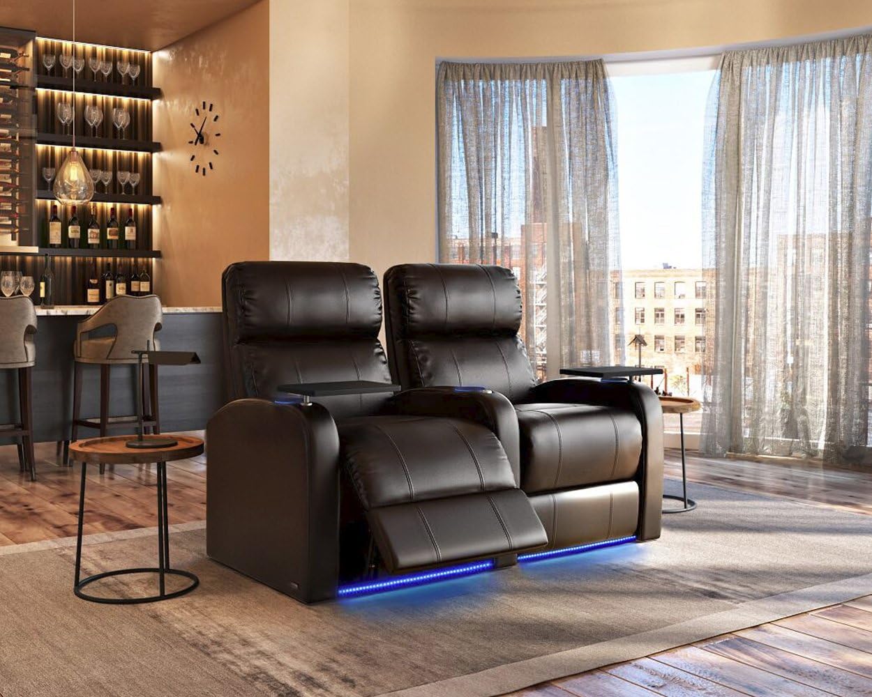 Octane Seating Diesel XS950 Theater Chairs for Home Brown Top-Grain Leather - Power Recline - Accessory Dock - Space Saver - Memory Foam - Straight Row of 2 Seats