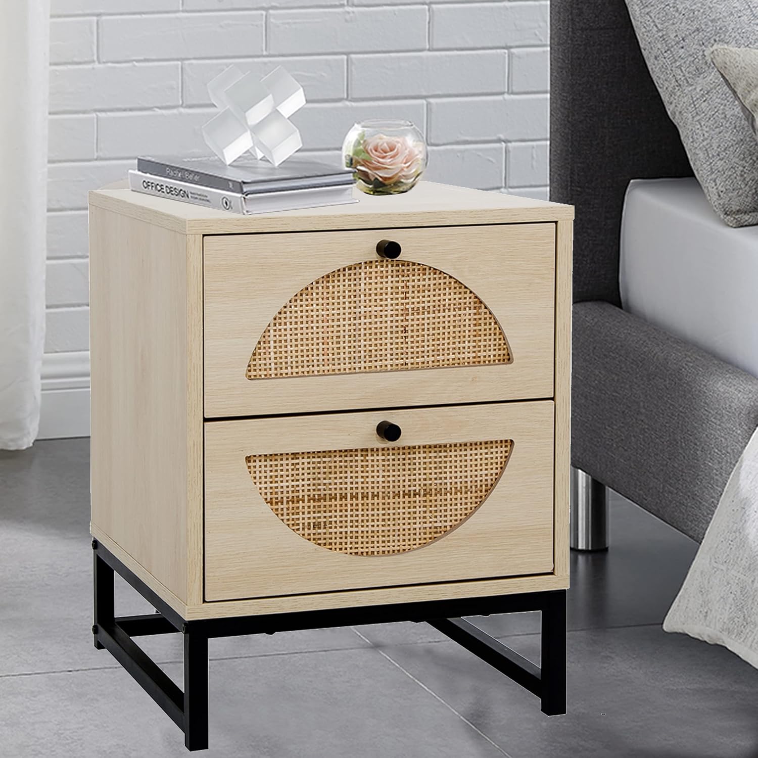 Modern Natural Nightstand with 2 Drawers Rattan Side Table End Table with Storage Elegant Wood Square Bedside Table for Bedroom Living Room Small Space（1 pack