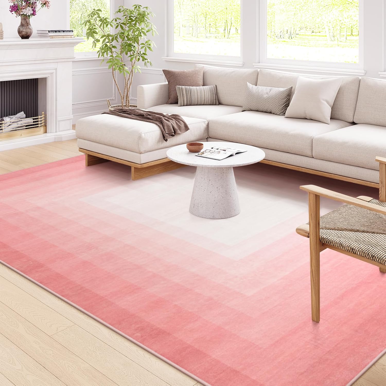 OJIA Pink Washable Rugs 8x10 Large Area Rugs for Living Room, Soft Non Slip Contemporary Neutral Rugs for Bedroom Girls, Modern Non-Shedding Thin Carpet for Under Dining Table Nursery Home Office