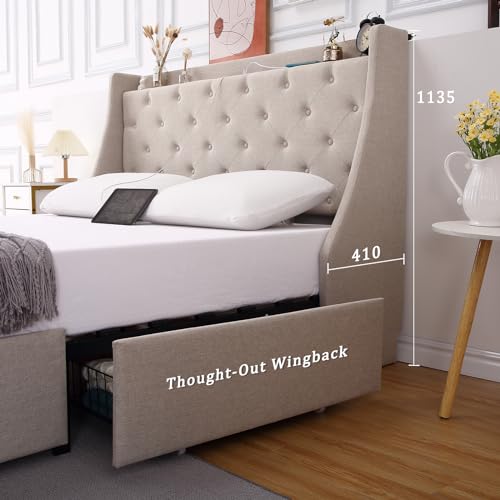 Full Size Bed Frame with Charging Station,Upholstered Platform Bed with Button Tufted Storage Headboard Wingback and 4 Storage Drawers,No Need for a Box Spring, Wood Slat Support, Easy to Assemble