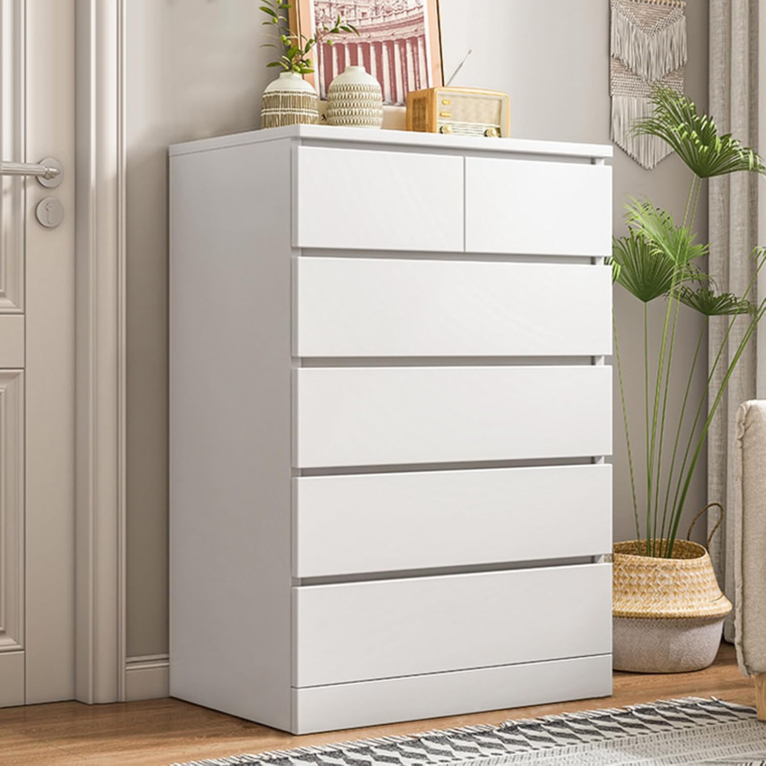 Tall White Skinny Dresser for Bedroom, Closet Organizer, Chest Drawer, Tall Dresser with 6 Wood Drawers Tall Storage Dresser Chest Cabinet Organizer Unit for Bedroom, Living Room, Closet, Hallway