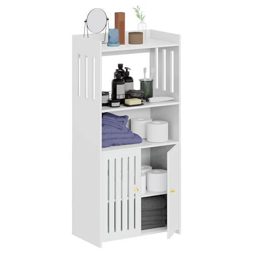 Bathroom Storage Cabinet, 4-Tier Small Floor Cabinet Freestanding Organizer with Door for Living Room Hallway Small Space, White