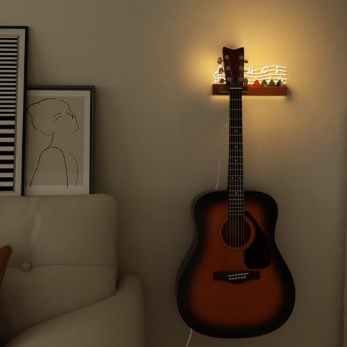 Guitar Wall Mount Stand with LED Lights - Solid Wood & Acrylic USB-Powered Guitar Accessories - Gift for Men, Guitar Players, Music Lovers (for Acoustic, Electric Bass, Ukulele)